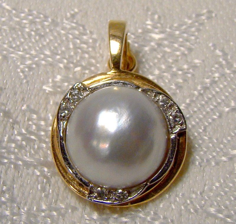 14k MABE PEARL & DIAMONDS Pearl Enhancer Pendant Necklace 14 K