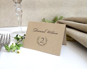 Laurel Wreath Kraft Wedding Name Cards - Wedding Place Cards - Printed Escort Cards - Simple and Elegant Name Cards with Table Numbers