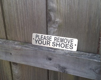Metal Please Remove Your Shoes Sign - Etched Stainless Steel, Simple Front Door Signage, Durable, Magnetic or Screws