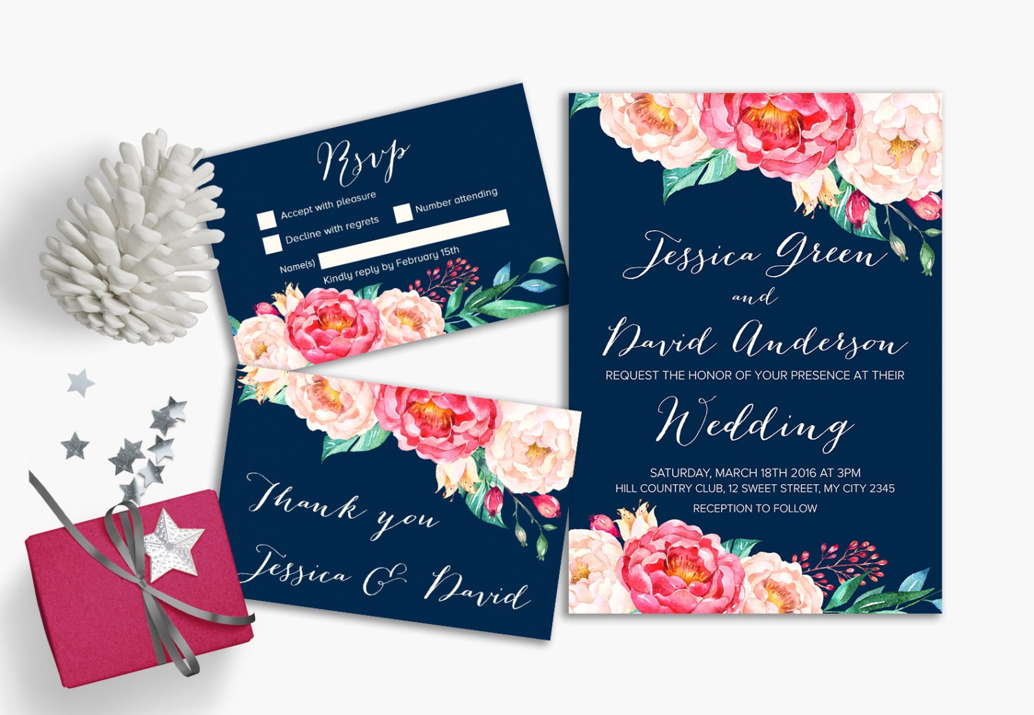 Navy & Pink Wedding Invitation