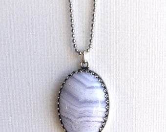 Blue Lace Agate Necklace, Large Blue Pendant, Natural Stone Gemstone Jewelry, Long Silver Chain, Hand Made Necklace, Oval Stone Pendant