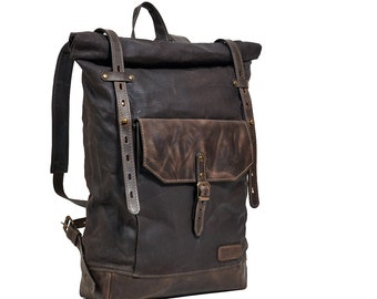 Dark brown waxed canvas backpack. Leather canvas backpack. Hipster backpack. Leather canvas bag. Waxed canvas rucksack. Leather rucksack.