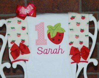 Baby Girl Strawberry First Birthday Outfit! Strawberry birthday outfit with applique bodysuit, leg warmers, and hair bow!