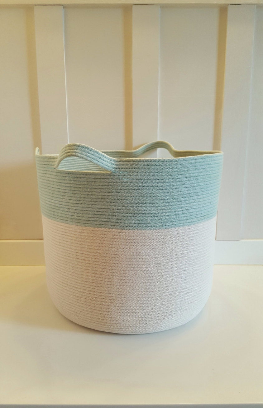 XXL Aqua and White Rope Basket with Handles