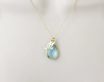 Aquamarine Necklace, Birthstone Necklace, Initial Necklace, Minimal Necklace, Initial Jewelry,Simple Necklace,Personalized Necklace, Mothers