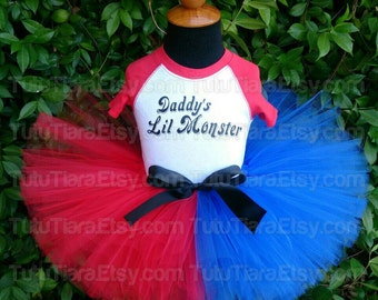 SALE Harley Quinn Suicide Squad Tutu Costume Set w/ Daddy's Lil Monster Red Sleeved Top & Red and Blue 8" Extra Full Tutu for Babies, Girls