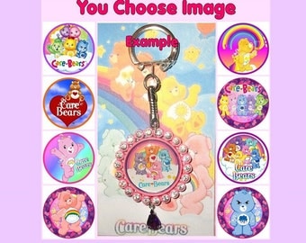 CARE BEARS Keyring Keychain Key Ring Chain U Choose Image & Colours Bottlecap Modern Vintage Carebears Logo Tenderheart Grumpy Funshine Bear