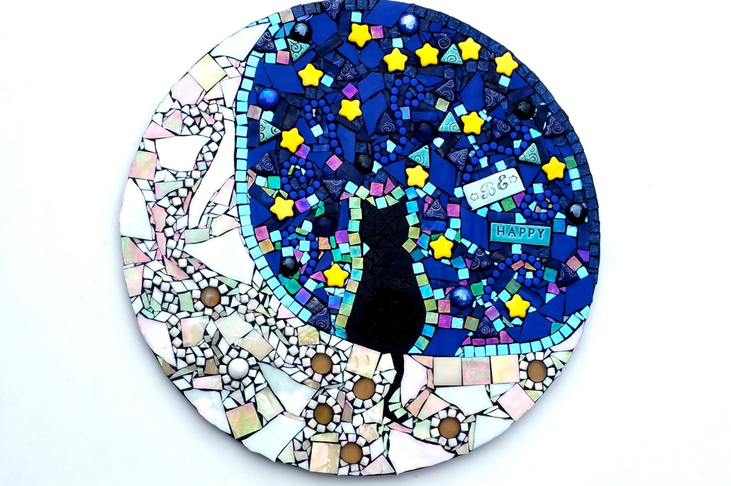 Mosaic Black Cat On Moon Magical Kitty Artwork Large Lunar