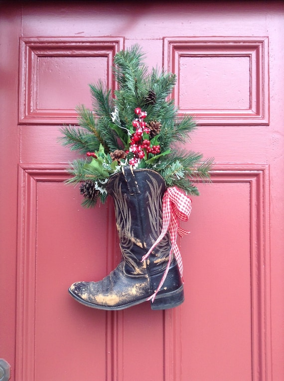 Vintage Cowboy Boots Christmas/Holiday Front Door Arrangement.