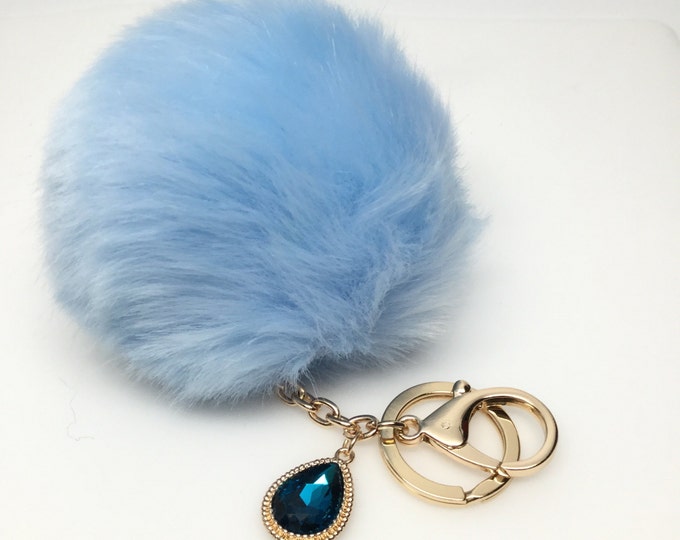 NEW! Faux Rabbit Fur Pom Pom bag Keyring keychain artificial fur puff ball in Pale Blue Crystals Collection