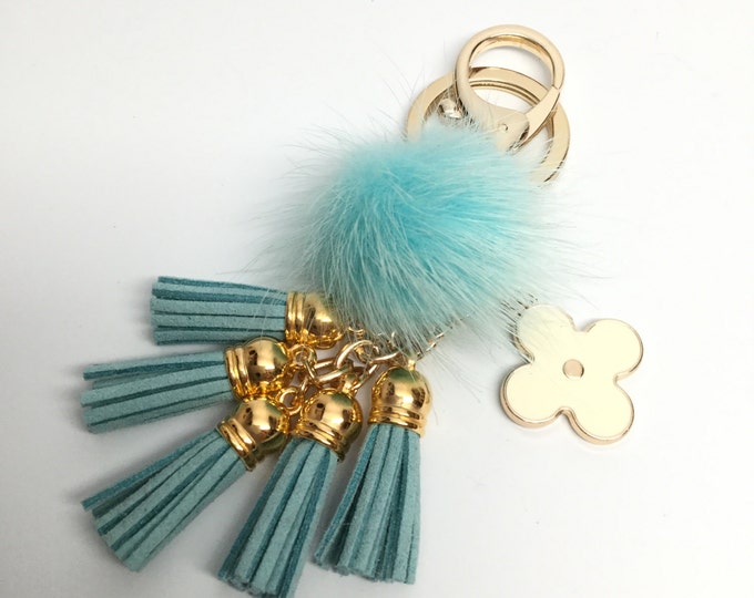 Cute Genuine Mink Fur Pom Pom Keychain with suede tassels and flower charm in Aqua