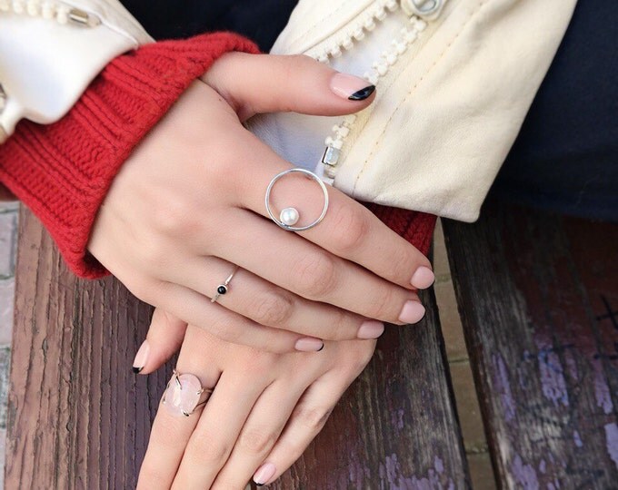 Circle silver ring - fashion ring - silver ring - pearl ring - minimalist ring - gift