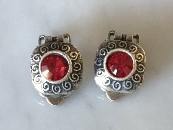 Red Crystal Clip On Earrings, Antique Silver