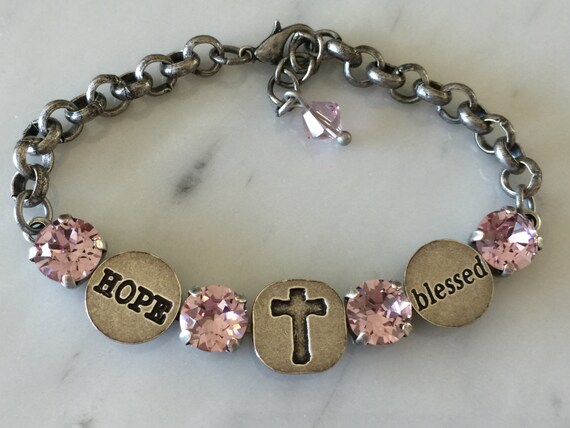 Blessed Bracelet with Swarovski June Birthstone Light Amethyst Crystals, in Antique Silver