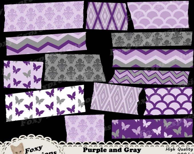 Purple and Gray Butterfly Washi Tape comes in chevron, butterfly, damask, scales, and diamond patterns. Shades of gray, purple and white.