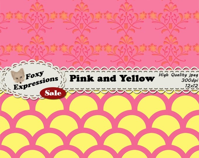 Pink and yellow digital scrapbook paper pack comes in chevron, scales, plaid, bubbles & damask designs in pretty shades of pink and yellow.