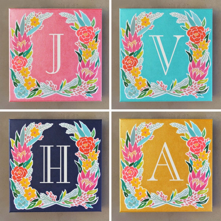Monogram Canvas Painting Home Decor Floral by JustJulieAnneStudio