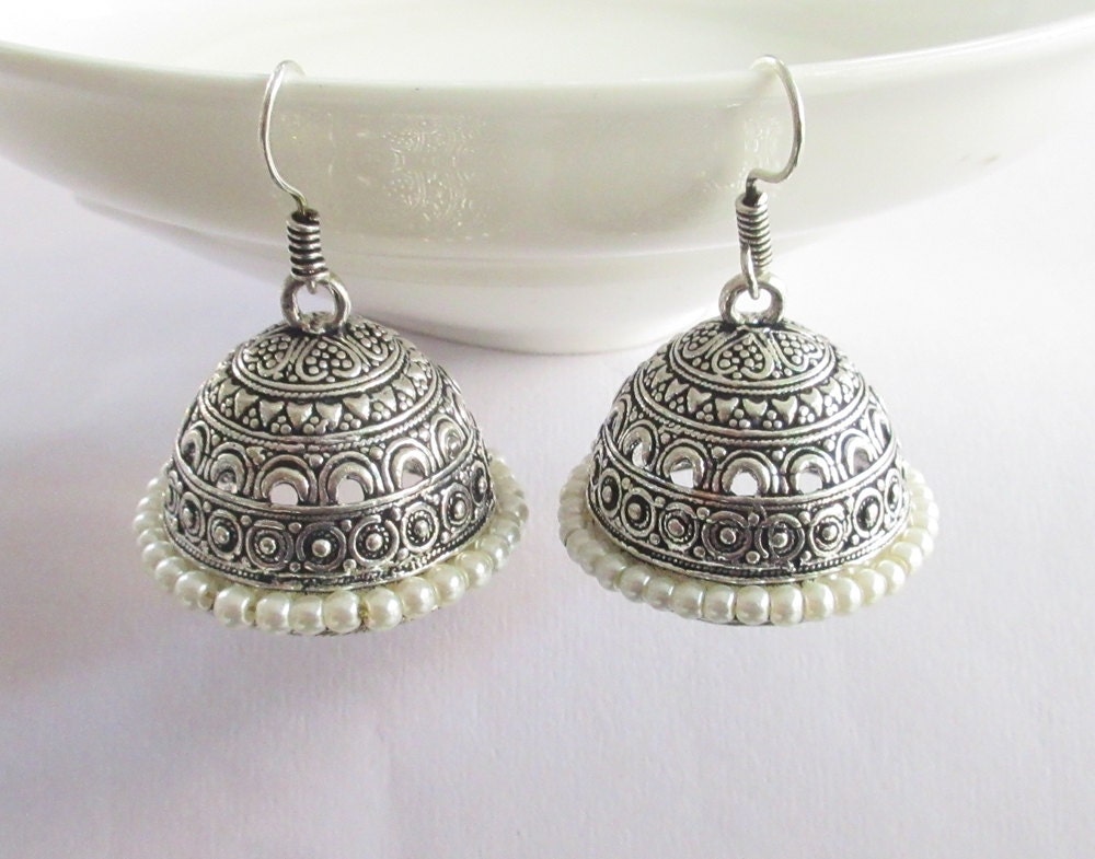 Silver Antique jhumka With Pearls/Indian Chand by Beauteshoppe