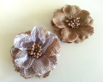 Burlap Flower - Natural Rustic small medium size with lace for Invitations, cards, scrapbooking - Pure Invites