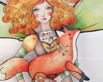 Fairy articulated paper doll with fox - Jointed doll - Paper art - Hand printed - Instant Download - Custom order - Personalized paper doll