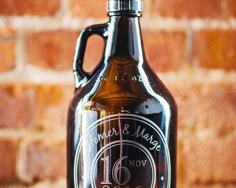 Custom engraved & personalized 64oz Wedding gift beer growler. FREE engraved coaster and growler pouch. DHL Overnight Upgrade included!