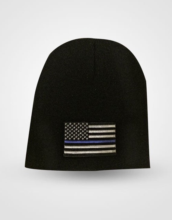 Thin blue line beanie/skull cap or cuff knit hat black