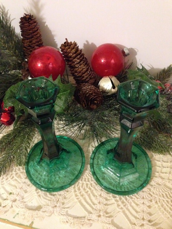 Holiday Green Glass Candlestick Holders Christmas Candle