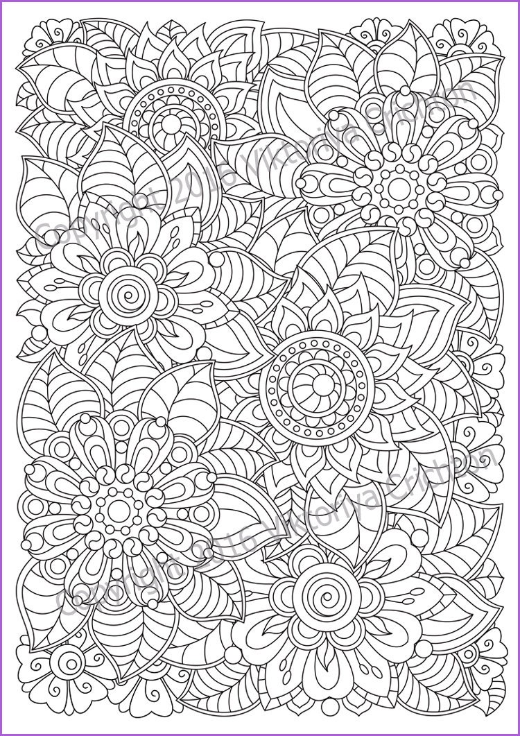 COLOURING PAGE doodle flowers printable adults by