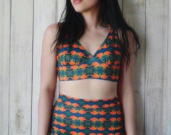 Retro Vintage Rose Longline Bikini - High Waist Ruched Bikini- Vintage Swimwear- high waist bikini - Pin Up Swimsuit