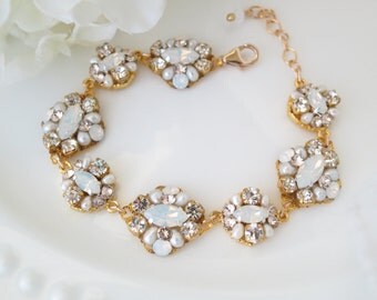 Swarovski Gold and Opal wedding bracelet, Crystal and pearl bridal bracelet, Gold filigree link bracelet