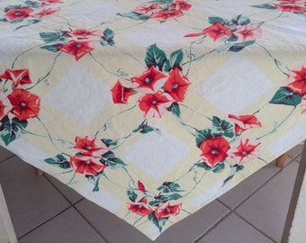 Vintage 50s Floral Vibrant MORNING GLORIES TABLECLOTH Shabby Cottage American Farmhouse Prairie Chic