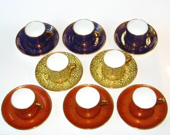 Tiffany & Co. Set 8 Demitasse Cups Saucers by Hammersley England - Art Deco Gold Gilt Modernist Bone China w/ bonus