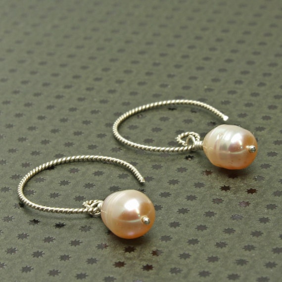 Pearl Dangle Earrings, Pink/Peach Freshwater Drops, Sterling Silver Twist Hoop Ear Wire