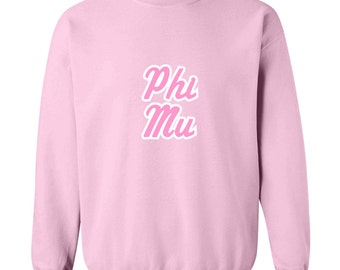 Phi Mu Twill Name Crewneck Sweatshirt (Pink/White)