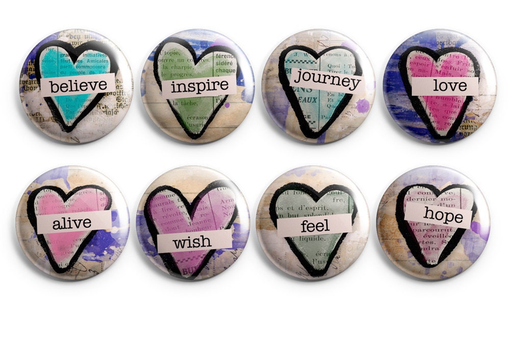 Inspirational Words And Hearts Buttons Or Magnets Set Of 8