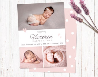 Birth announcement template card. Digital baby girl birth card for instant download. Fully editable Photoshop PSD files. Size 5x7 inches.