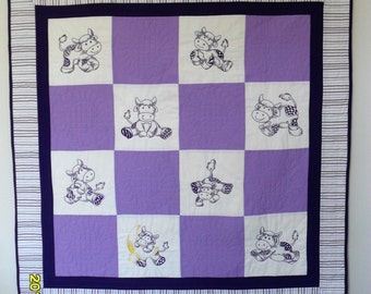 Purple Cow Baby Quilt, Baby Girl Quilt, Purple and White Quilt With Embroidered Cows Baby Quilt, Purple White Cow Quilt, Baby blanket