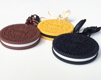 Large teething fake cookie biscuit oreo inspired, Silicone Pendant, DIY Teething Necklace Toy Chocolate Baby Chew Special needs cream brown