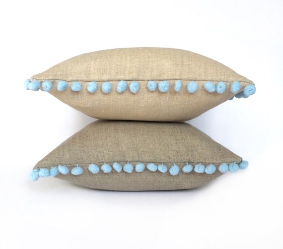 for trim pom cushions pom Handmade Blue Pom BobbleTrim Sizes  Pom Various Cushion Linen  Natural