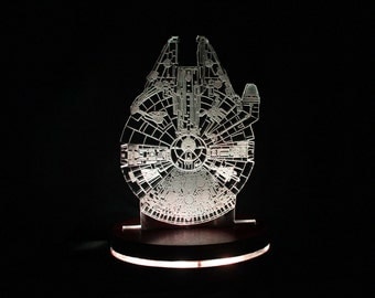 Star Wars Millennium Falcon Lamp inspired Acrylic Light, Colour Changing LED Desk Lamp, Man Cave, Illuminated LED Faux Hologram,