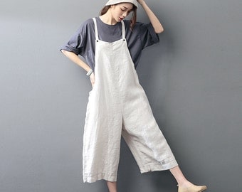Womens Loose Fitting Comfortable Linen Jumpsuits Overalls Pants With Pockets, Womans Linen Jumpsuits Pants,Loose Pants,Casual Pants For Lady