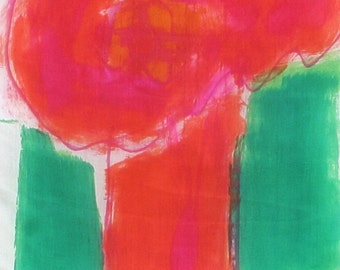 Spring scarves. Abstract flowers in fresh mint,green and red. Hand painted scarves. Long multicolored scarf. Painting on silk by Dimo
