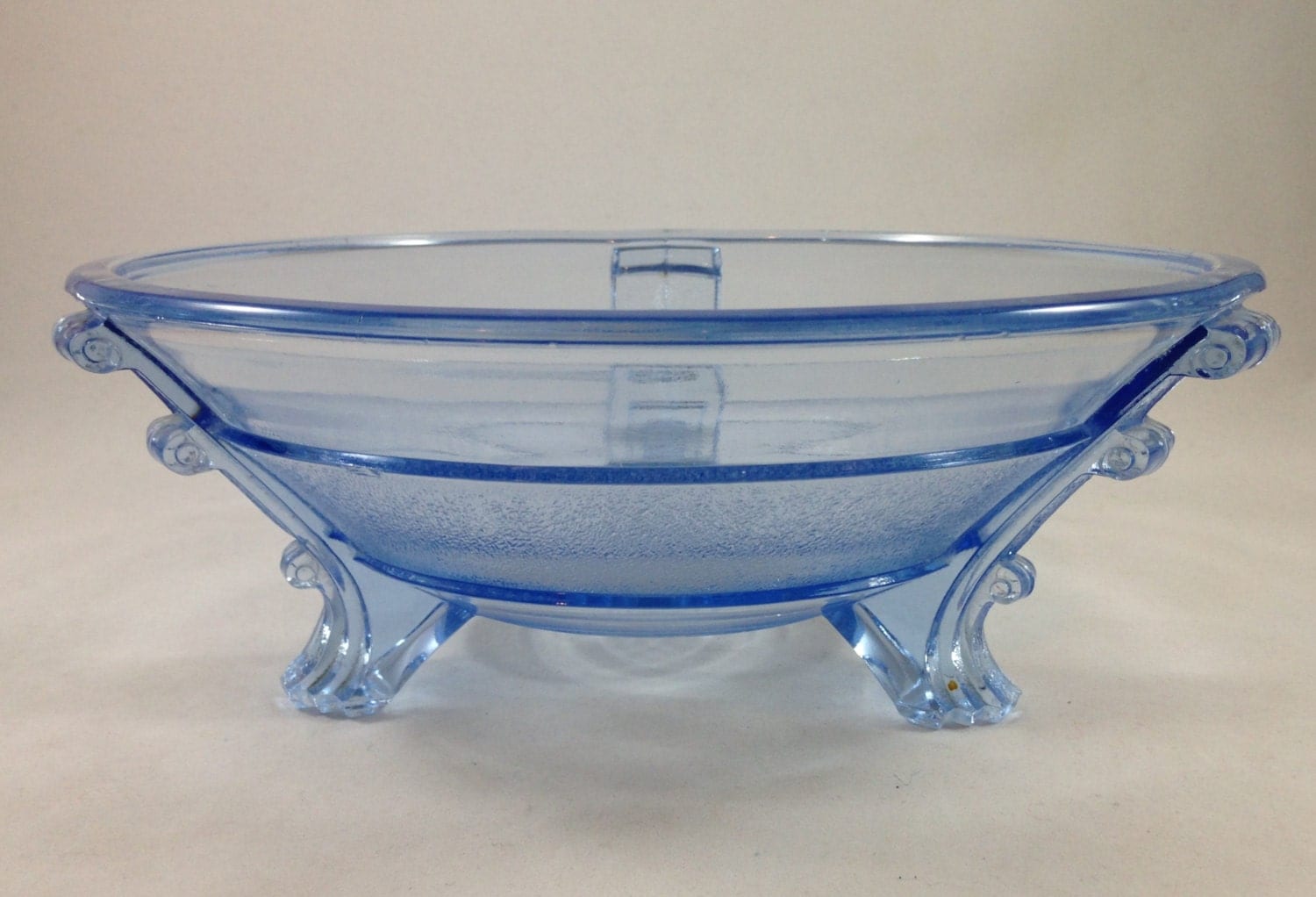 Blue glass Art Deco bowl Blue Depression glass footed bowl