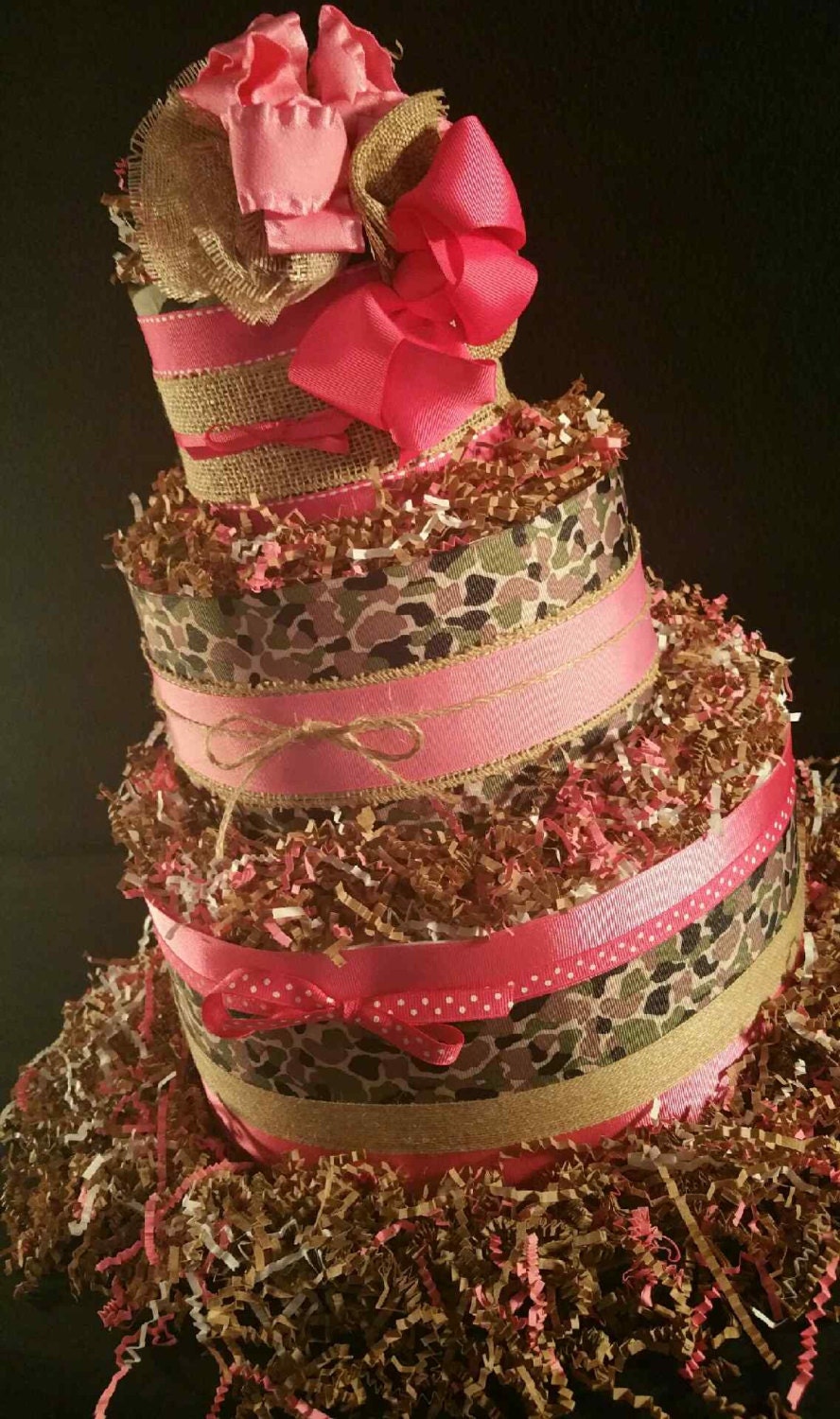 3 Tier Pink & Camouflage DIAPER CAKE w/ polka by TiersofJoybyUs