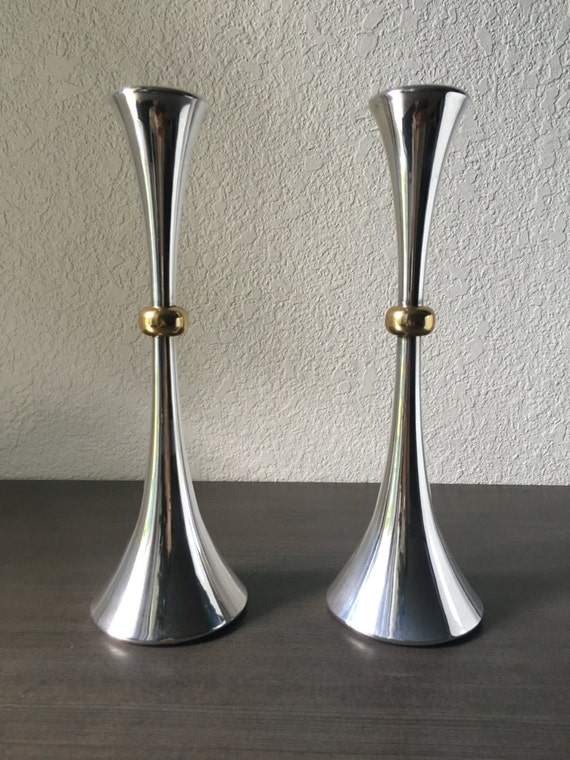 Pair of Vintage Dansk Silverplated and Brass Candle Holders