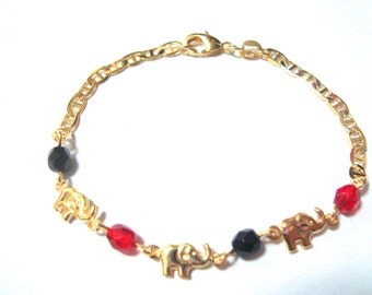 18K Gold Filled Azabache Elephant Bracelet 7,5"/Pulsera De Elefanye Para Buena Suerte 7,5"