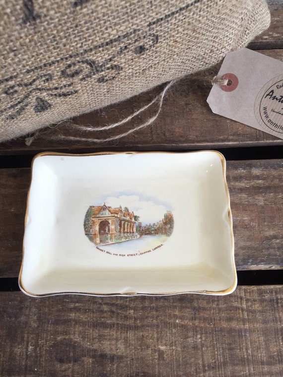 CROWN DEVON BUTTER Dish - Fielding Crown Devon Butter Tray c1900 / Cream & Gold Souvenir Dish of Market Hall High Street Chippin Camden