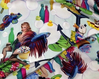 Silk scarf "bubbles" with pin-up girls, bubbles, fish and candies, 120x120cm, 100% twill-silk fabric