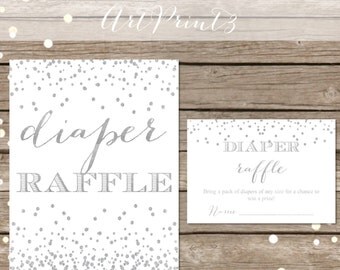 Diaper Raffle Printable Baby Shower Game, Baby Shower Diaper Raffle Card, White Silver Confetti Baby Shower, Instant Download Baby Shower