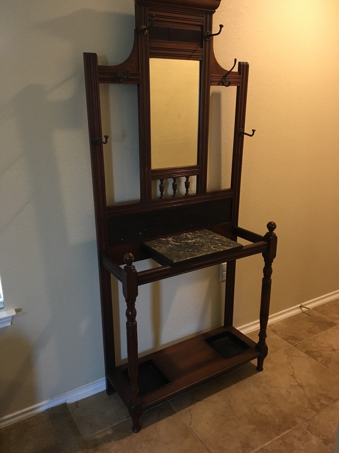 Vintage wooden hall tree with marble shelf pick up only